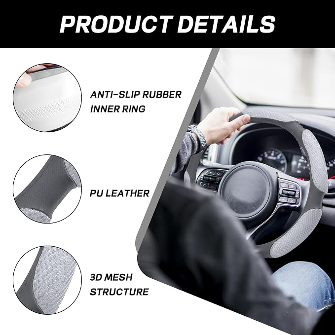 Wuyaoyao Car Steering Wheel Cover, 15 Inch PU Leather Anti-Slip Steering Wheel Covers Protector with Soft Hand Pad Cushion, Breathable & Comfortable, Universal Interior Car Accessories (Gray)