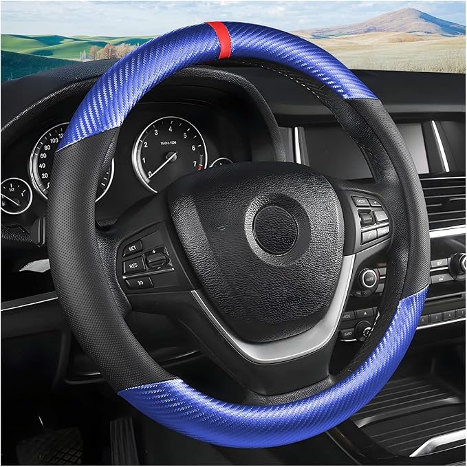 Osilly Car Steering Wheel Cover, 15 inch Anti-Slip Steering Wheel Protector, Carbon Fiber & Microfiber PU Leather Steering Wheel Cover for Women and Men, Universal Fit for Most Vehicles (Blue)