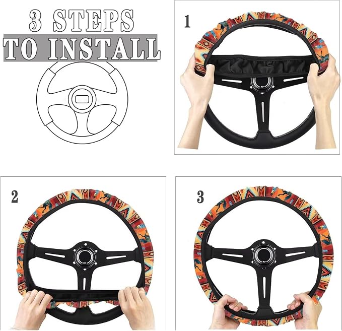 Wanyint Auto Steering Wheel Cover for Women Men, Universal 15 Inch Soft Elastic Steering Wheel Wrap Anti-Slip Easy to Install Car Accessories, Aztec Geometric Horse Orange