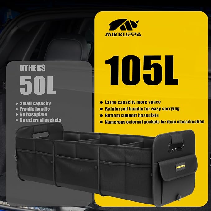 MIKKUPPA Car Trunk Organizer - 105L Collapsible Large Trunk Organizer with Reinforced Handles for Groceries, Trunk Storage Organizers for SUV Auto Truck Van with Non Slip Bottom (Black)