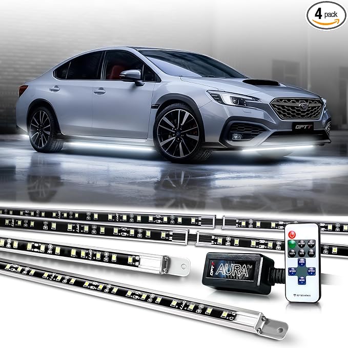 OPT7 Aura Aluminum White Underglow Lights for Car with Remote Control | Rigid LED Light Bars, Bright White Ground Glow, Waterproof Exterior Underbody Lighting, 12V Car Accessories, Universal Fit