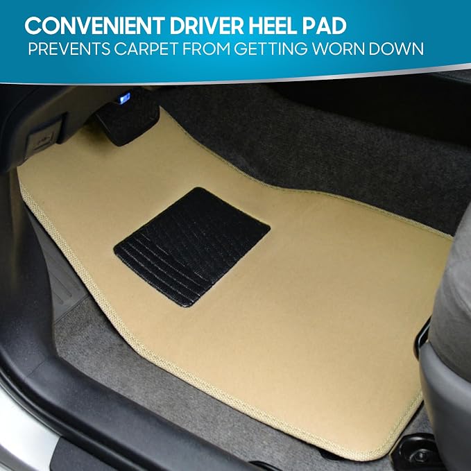 BDK Premium Light Beige Carpet Floor Mats for Cars - Universal Fit Interior 4-Piece Car Mats Full Set with Vinyl Heel Pad Protector - Cute Car Accessories Interior Floor Covers for SUVs & Trucks