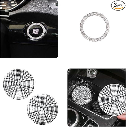 Ziciner 2 Pack Bling Car Cup Holder Coaster, Anti-Slip Auto Insert Coaster with Start Stop Button Cover, Universal Shiny Crystal Vehicle Interior Accessories for Women and Girls (White)
