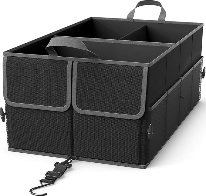 EPAuto Foldable Car Trunk Organizer for SUV, 3-Compartment, Black | with Removable Divider, Side Pockets and Securing Straps