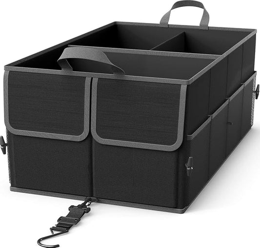 EPAuto Foldable Car Trunk Organizer for SUV, 3-Compartment, Black | with Removable Divider, Side Pockets and Securing Straps