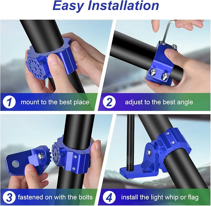 ZIDIYORUO UTV Whip Light Mounts for 1.75-2in Dia Roll Cage, Blue 2PCS | Aluminum Light Brackets, for 1.75-2in Dia UTV cages. Holds LED whips, chase lights, flags. 360 swivel. Fits RZR, Can-Am, Jeep
