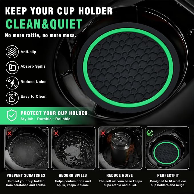 4PCS Car Cup Holder Coasters, 2.75 Inch Non-Slip Insert Water Bottle Holder Pads, Dustproof Automotive Interior Accessories Mat, Universal for Vehicles, Trucks, RVs and More (Green)