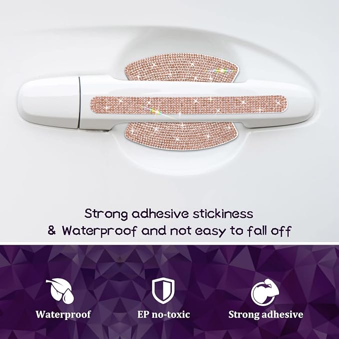 10PCS Car Door Handle Bling Rhinestones Stickers, New Champagne | Universal Auto Door Handle Safety Reflective Strips, Cute Girl's Decoration for Car