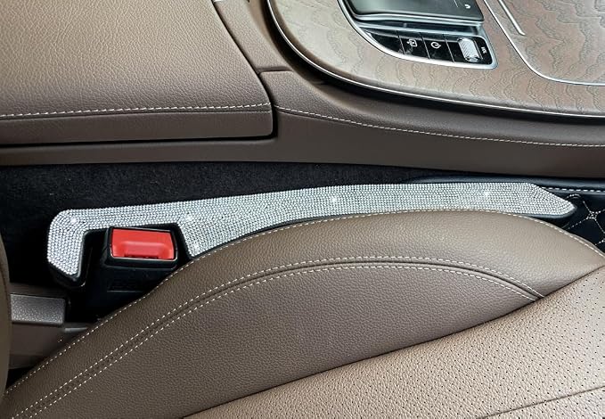 2 Pack Sparkly Diamond Car Seat Gap Filler Universal Gap Filler for Car SUV and Truck Fit Between Seats and Console Stop Things from Dropping (White)