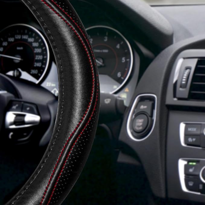 HAOKAY Top Grade Black Genuine Leather Steering Wheel Cover Women Men, Luxury Steering Wheel Cover for Cars, SUVS and Trucks, Universal 14.5-15 inch