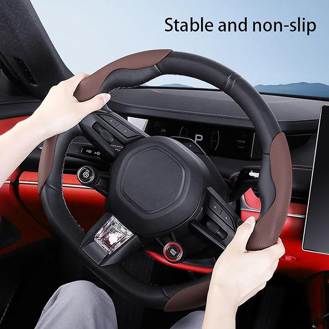 Car Steering Wheel Cover, O/D Shape, Nappa Leather, Segmented, Anti-Slip, Odorless, Breathable, for Men & Women, 14-15inch (Coffee)