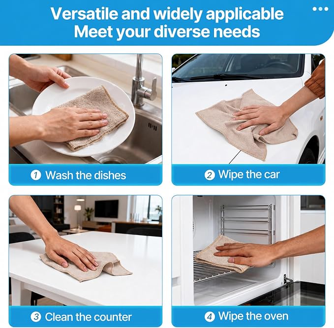 QYL Microfiber Cleaning Cloth,12 Pack Cleaning Rags, Cleaning Towels with 4 Color Assorted, 11.8"X11.8", Beige
