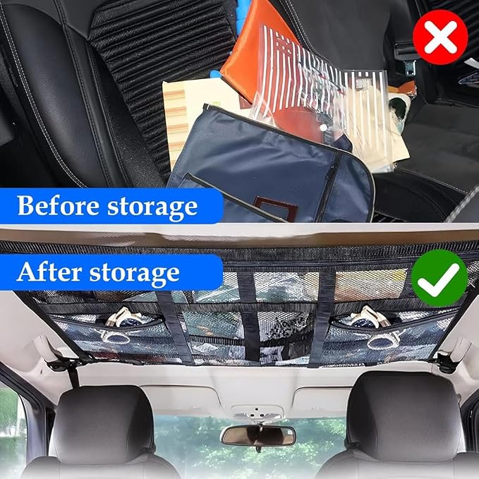 Car Ceiling Storage Net for Jeep Wrangler 1986–2025 2026 YJ/TJ/JK/JL, Double-Layer Roof Cargo Organizer, Interior Overhead Mesh Bag for Travel Essential Storage