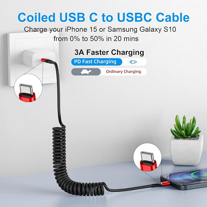 USB C Cable 3ft 2Pack USB C to USB C Charger Cable for Car, Coiled Type C | Fast Charging Cable for iPhone 17/16/15/Plus/Pro/Pro Max/MacBook Pro 2020/iPad Pro 2020/iPad Air 4/Samsung Galaxy S23-Red