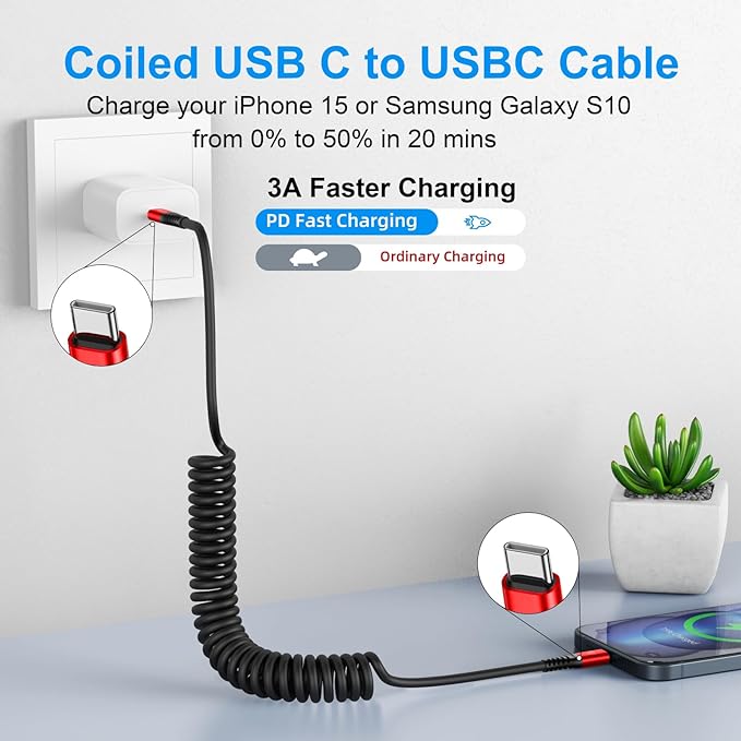 Coiled USB C Cable for Car 3FT&6FT USB C to C Fast Charging Cable CarPlay | Android Auto USB Type C Cord iPhone USB C Cable Compatible with iPhone 17/16/15/Pro Max/Plus/Samsung Galaxy S26 nd More-Red