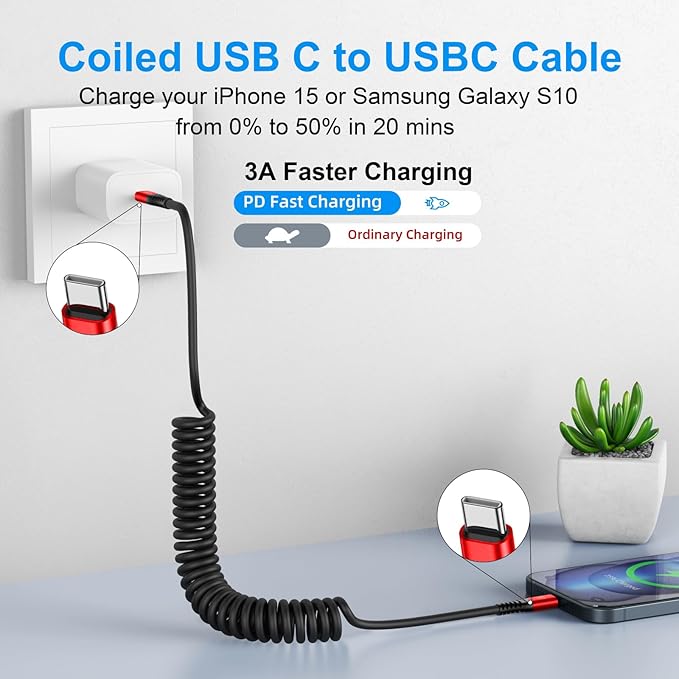 USB C to USB C Cable 6ft, 2Pack Coiled USBC Charger Cable for CarPlay | Android Auto USB Type C Cord iPhone USB C Cable Compatible with iPhone 17/16/15/Pro Max/Plus/Samsung Galaxy S26 nd More-Red