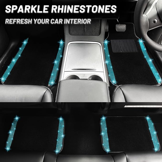 NBTEPEM Aquamrine Bling Car Floor Mats Full Set, Universal Fit Most Cars,SUV, Trucks, 4 pcs Sparkle Glitter Diamond Carpet for Women Girls with Anti-Slip Pad (Aquamarine Diamond)