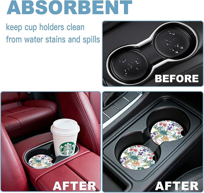 Car Cup Holder Coaster Set of 2, 2.56 in Ceramic Coasters, Scratch-Resistant Cork Backing, Finger Groove Design for Easy Placement, Cute Car Accessories Interior for Women (Trumpet Flower)