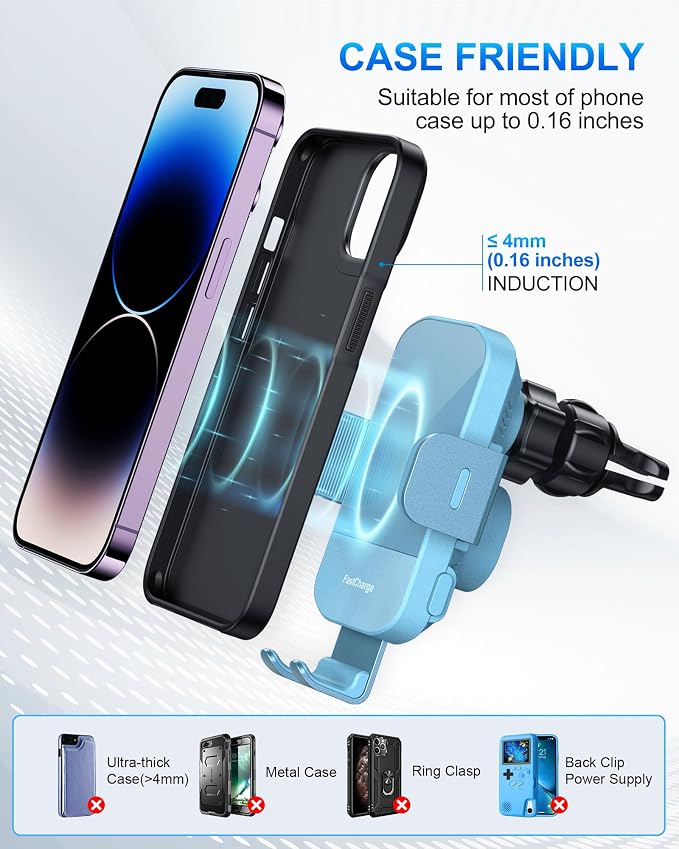 Wireless Car Charger, 15W Fast Charging Auto Clamping Car Charger Phone Mount Phone Holder fit for iPhone 15 14 13 12 11 Pro Max Xs, Samsung Galaxy S24 Ultra S23 S22 S21, S20, S10+, Cyan