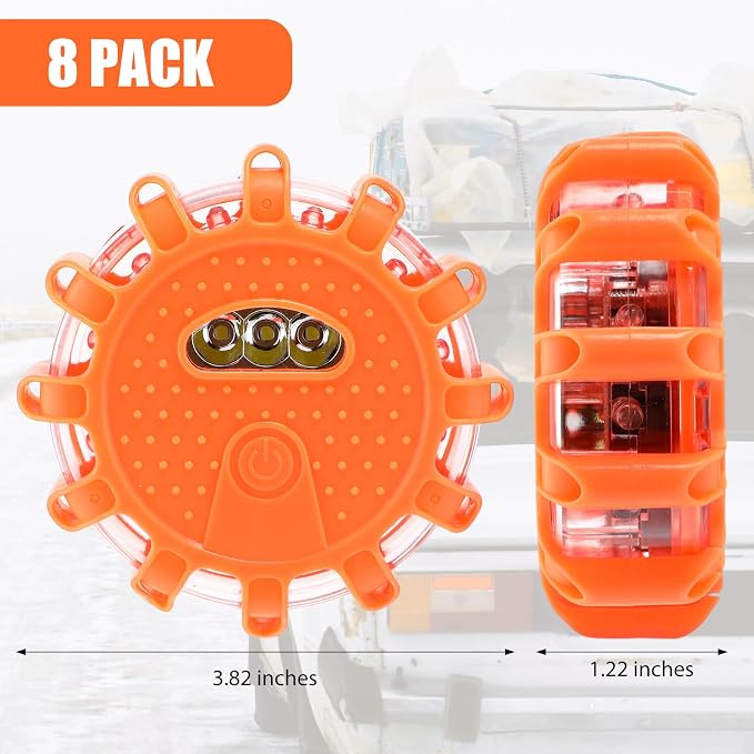 Tallew 8 Pack LED Road Emergency Roadside Lights Flashing Safety Warning Kit Beacon Magnet Hook Vehicle Boat Truck Disc Magnetic Flash Cars Security Driveway Automotive Strobe