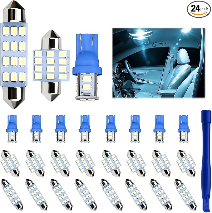 24 PCS LED Car Interior Bulb Kit, Dome Light Fits 194 T10 DE3175 578 31mm 42mm Size Replacement for Map License Plate Door Side Marker Cornering Trunk Lights (Ice Blue)