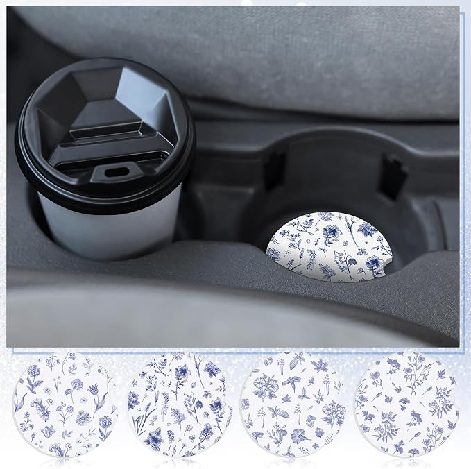 Boao 4 Pcs Vintage Blue Flower Car Cupholder Coasters for Valentine's Day, Ceramic Coasters 2.56'' Anti Slip Base with Finger Notch for Dry Clean, Car Interior Accessories, Birthday Gifts