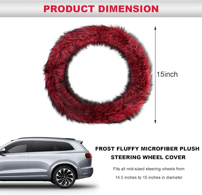 Fluffy Steering Wheel Cover, 15 Inch Anti-Slip Microfiber Plush Fuzzy Steering Wheel Cover, Winter Warm Elastic Fuzzy Steering Wheel Covers for Women and Men, Car Accessories (Red)
