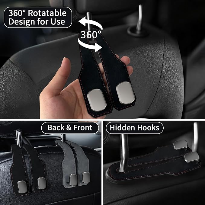 Car Seat Headrest Hooks for Purses and Bags, 4 Pack Bag Purse Holder for Car With Double Metal Hooks, Car Purse Hanger, Headrest Back Seat Handbags Hook Cute Hanging Accessories, Black