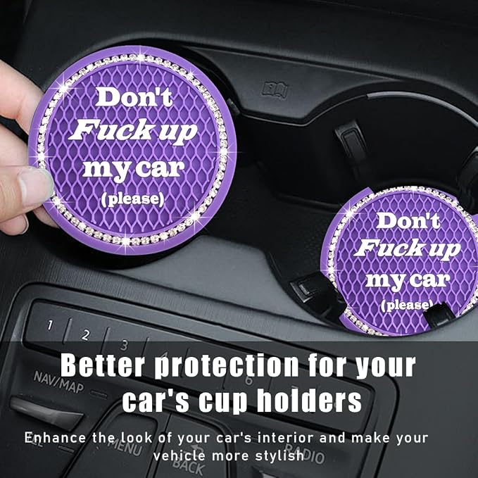 2 PCS Bling Car Cup Coaster, 2.75 Inch Anti-Slip Cup Holder Insert Coasters, Crystal Rhinestone Auto Drink Car Cup Mat for Women Girls, Universal Interior Car Accessories (Purple)