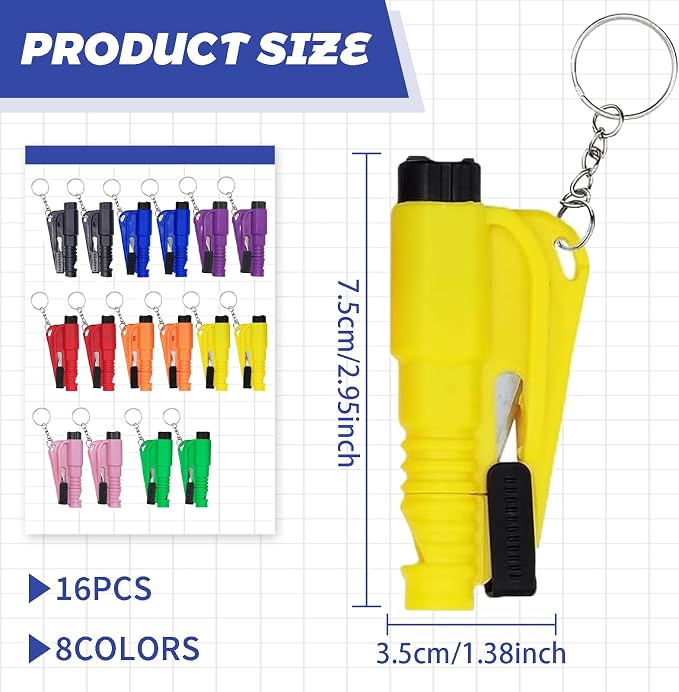 16Pcs Car Window Breaker Seatbelt Cutter Keychain, 3 in 1 Emergency Escape Tool | Glass Breaker and Seatblt Cutter for Car