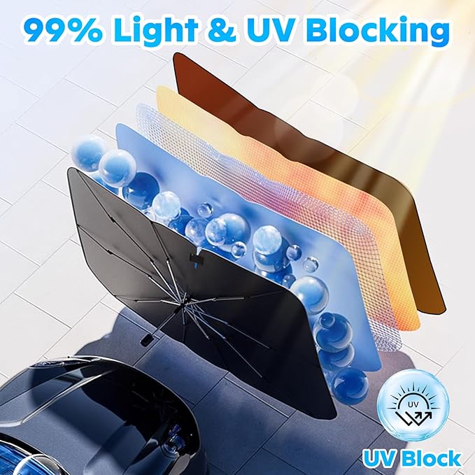 Multper Car Windshield Sun Shade - Reflective Foldable Sunshade Umbrella for UV Rays & Heat Protection, 360° Rotation Bendable Front Window Shield Easy Storage & Keeps Interior Cooler - 55"*31.5"