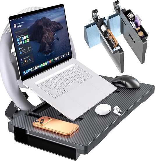 2-in-1 Car Steering Wheel Desk & Seat Gap Organizer Filler Tray | Foldable Adjustable Height Car Desk for Laptop Computer Tablet, Eating - Portable Table for Car Workstation Truck SUV Tesla