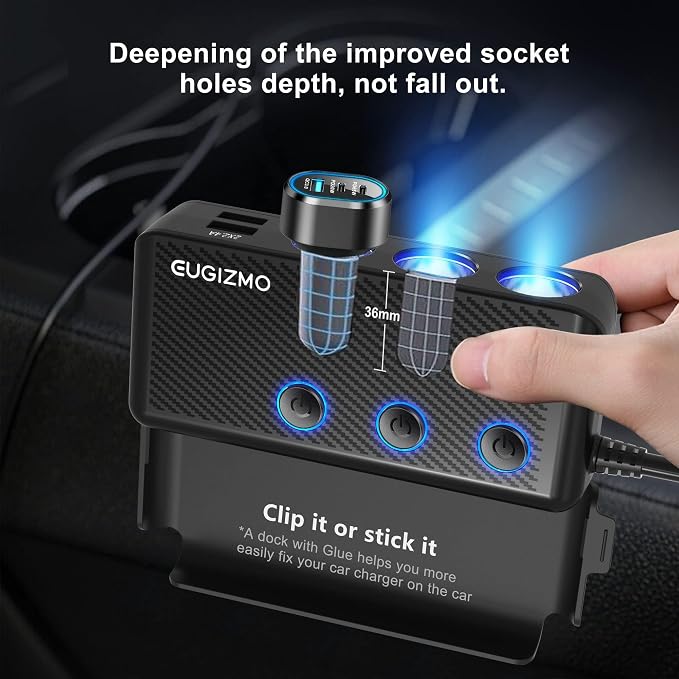 EUGIZMO 8 in 1 Cigarette Lighter Adapter,3 Socket Car Charger Plug Splitter | 12V/24V PLug in Outlet with Voltage Visible Independent Switches 2 PD30W & 3 USB-A Ports Fast-Charge Phones and Dash Cams