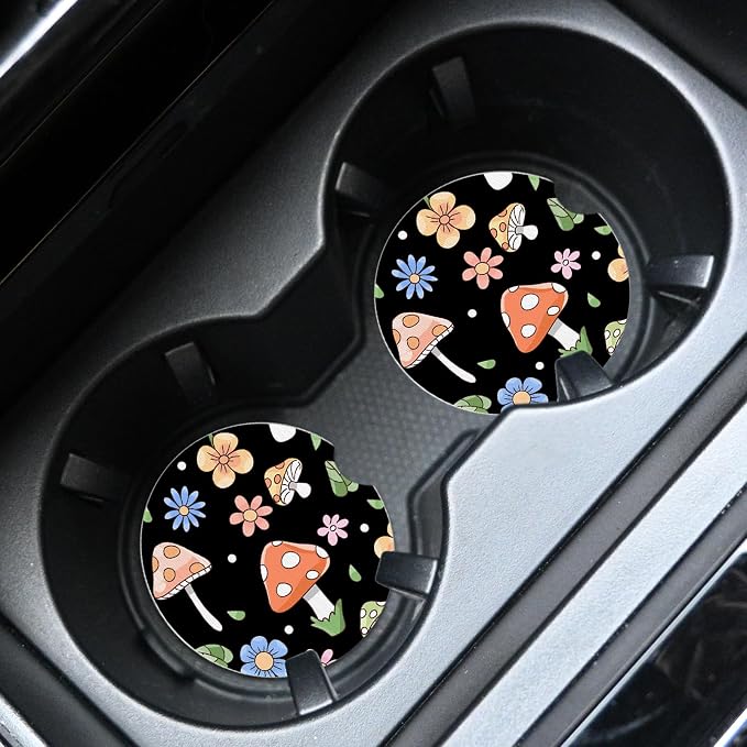 2pcs Cute Pink Mushrooms Car Coasters,Absorbent Universal neoprener Cup Holder Coasters with a Finger Notch,Car Accessories for Women&Man Interior，2.75" 1