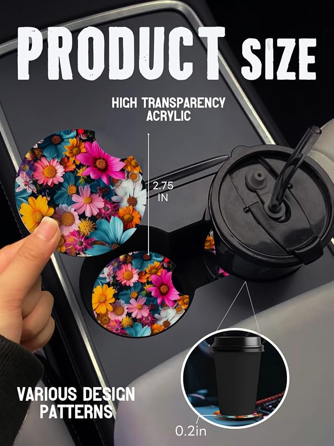 Car Cup Coasters,2 Pack Car Coaster,2.75inch Anti Slip and Absorbent Cars Coasters for Cup Holders,Neopren Accessories for Women,Cute Decor for Women (Colourful Flowers)