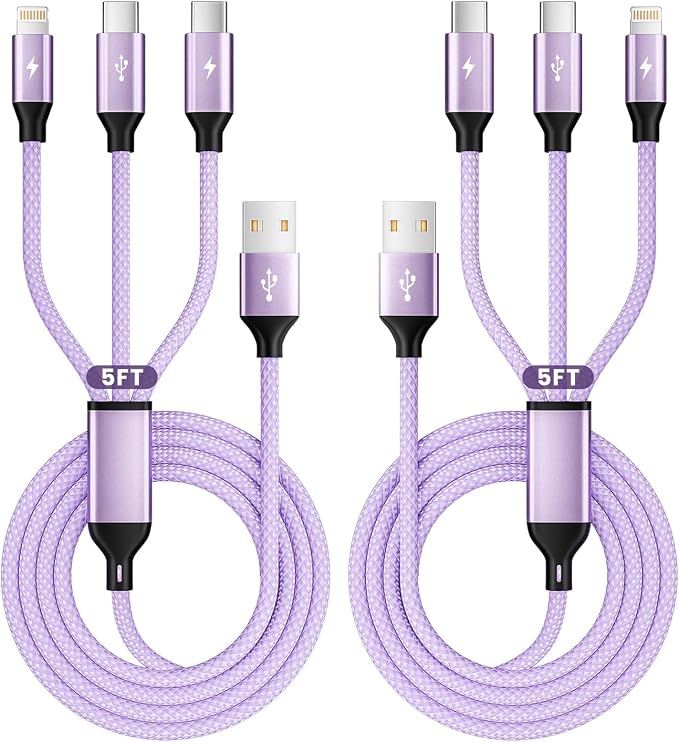 2Packs 4FT Multi Charging Cable with 2 USB-C/IP Port, Purple Charging Cords for Multiple Devices, USB C Splitter Cable, Universal Charger Cord Car Accessories for iPhone17-8, Androids iPad and More