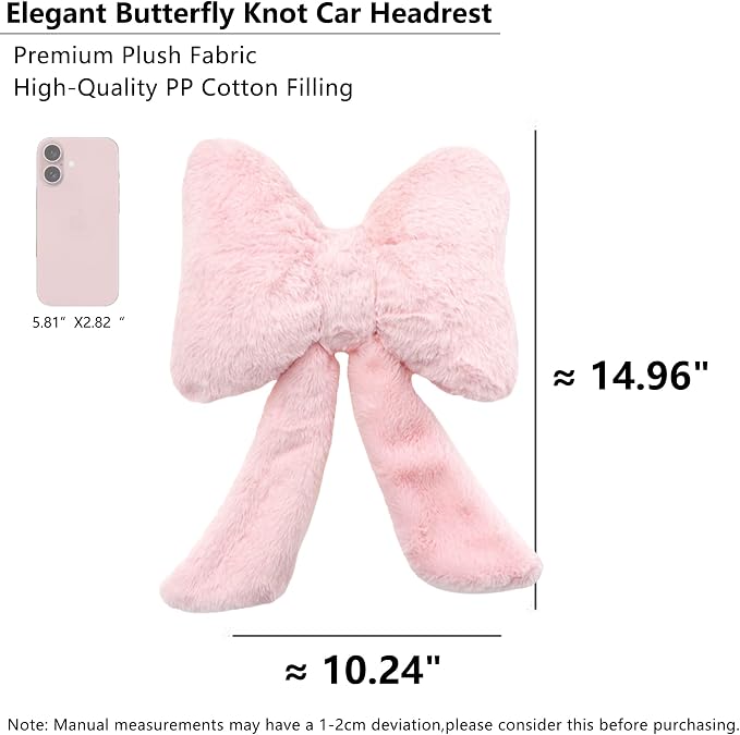 Car Neck Pillow Plush Bowknot Car Headrest Pillow Comfortable Neck Support for Driving Soft Touch Fabric Car Pillow Cute Interior Decor (Pink-1Pcs)