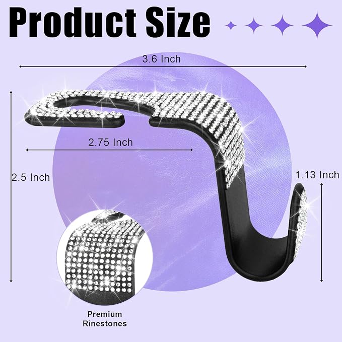 BFXM 6 Pack Bling Car Seat Headrest Hooks, Bling Car Accessories for Women, Rhinestone Purse Hook for Car, Universal Storage Organizer for Handbag Grocery Bags Coats (Bling White)
