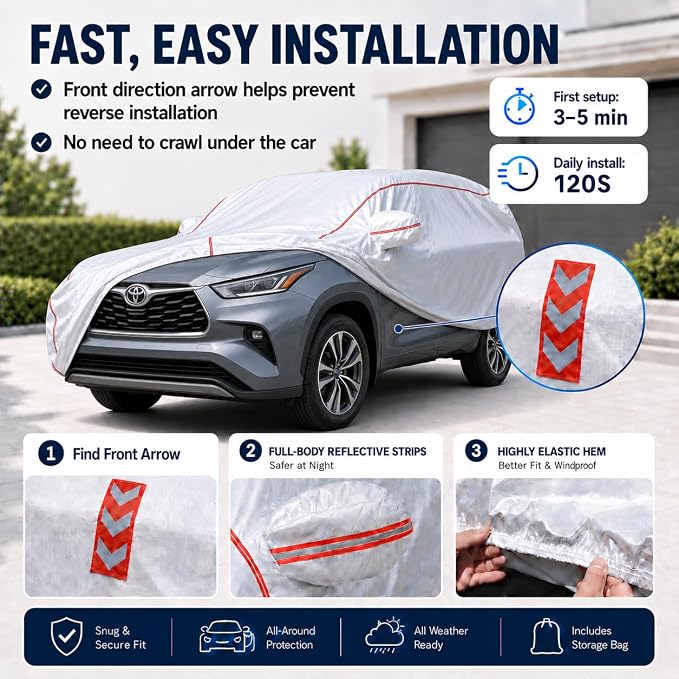 Waterproof All Weather Heavy Duty Vehicle Cover, 360° Underbody Wrap Windproof Design, Quick Install Outdoor Cover,（for Toyota Highlander 2001-2025）