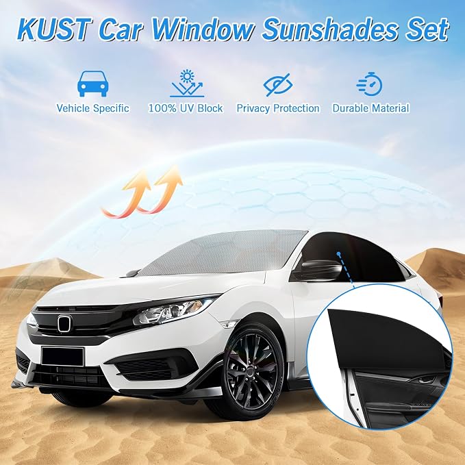 KUST Windshield Sun Shade Umbrella for Honda Civic 2016 2017 2018 2019 2020 2021 Rear Window Shades 100% UV Protection and Blackout Privacy 5PCS Car Window Covers Accessories