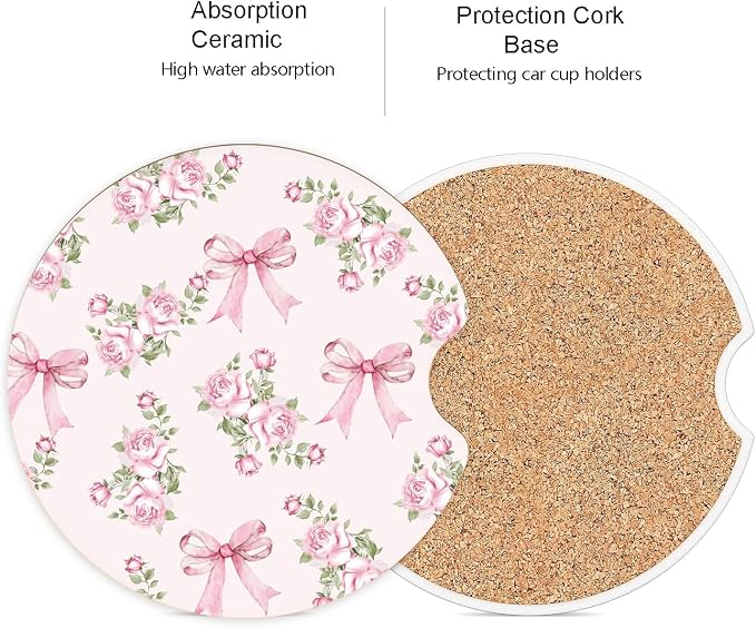 Ceramic Car Coasters – Absorbent Car Cup Holder Coaster Set for Women, Cute Aesthetic Car Accessories for Girls, 2 Pack (Blush)