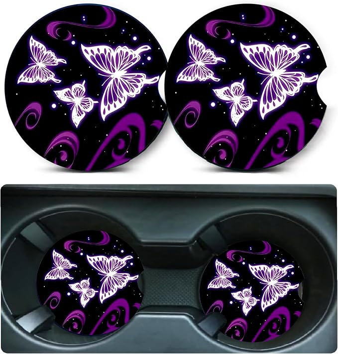 2 Pack Butterfly Car Cup Holder Coasters Universal Neoprene Coasters | 2.75" Universal Size Anti Slip Rubber Mat, Auto Cup Holder Accessories for SUV Truck, Butterfly Gifts for Women Mom