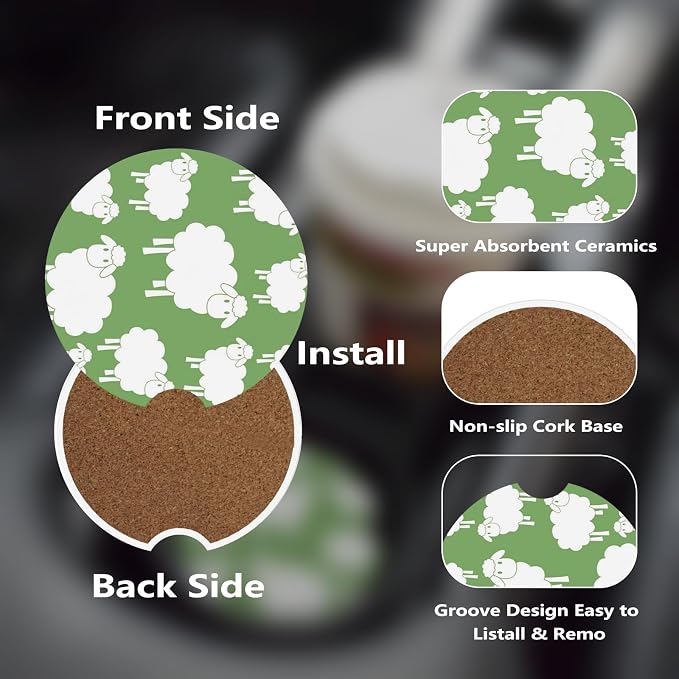 Ceramic Car Cup Coasters 2PCS - Sheep | with Cork Back & Finger Slot, Anti-Slip Shock Absorbing, Universal Car Interior Accessories for Men Women