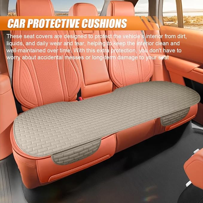 Car Rear Seat Cover, Breathable Linen Auto Seats Cushion (Beige) | Anti-Slip Vehicle Seat Pad with Storage Pocket, Universal Automotive Seats Protection Mat for Car, SUV, Truck