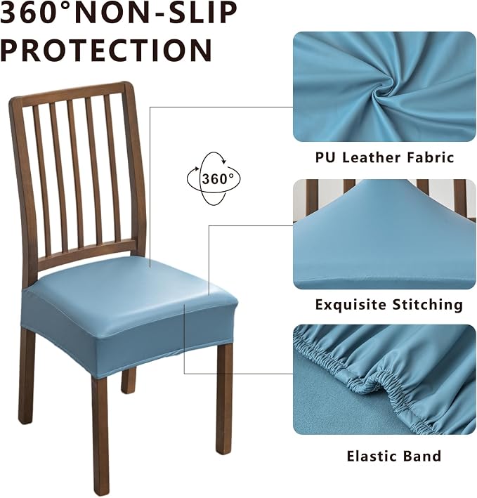 NILUOH Waterproof Seat Covers for Dining Room Chairs Set of 4, Pu Leather Chair Seat Slipcovers Dining Chair Cover Removable Washable Chair Protctor Cover, Rear Covers (PU-Light Blue)