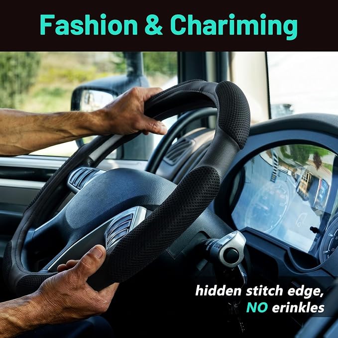 DaisyInner 17.5-18 Inch Steering Wheel Cover for Semi Truck No-Slip & Comfy Grip for Semi Trucks, Rv, Big Rig and 18 Wheelers(Mesh C,Leather,Black)