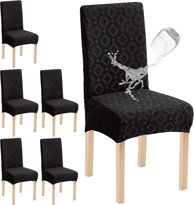 Genina Waterproof Chair Covers for Dining Room Set of 6, Removable Washable Chair Slipcover Protectors, Large Black
