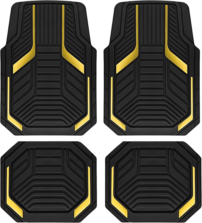 PIC AUTO Heavy Duty Rubber Floor Mats, Yellow Aluminum Film Car Mats Set, Front and Rear Car Mats with Anti-Slip Backing, All Weather Protection, Trim-to-Fit for Automotive SUV, Sedan, Van