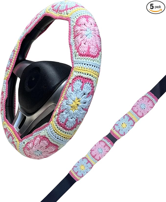 Handmade Crochet Pink Fower Granny Square Car Steering Wheel Covers Universal 14-15 inch for Women and Men (Steer Wheel Cover+ 2 Belt Cover)