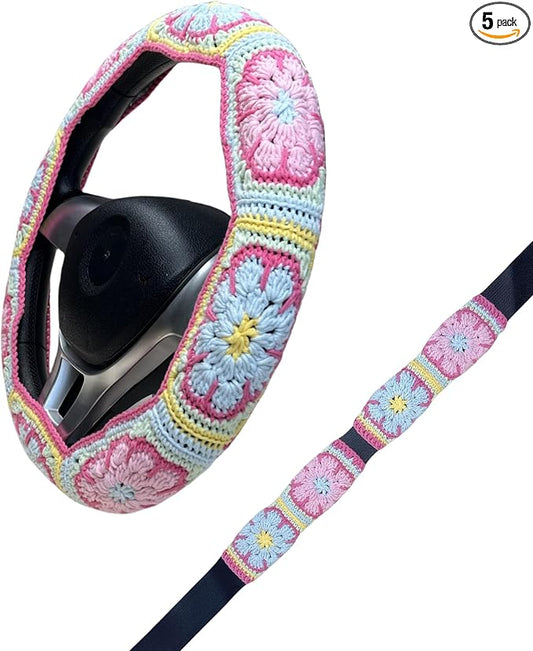 Handmade Crochet Pink Fower Granny Square Car Steering Wheel Covers Universal 14-15 inch for Women and Men (Steer Wheel Cover+ 2 Belt Cover)